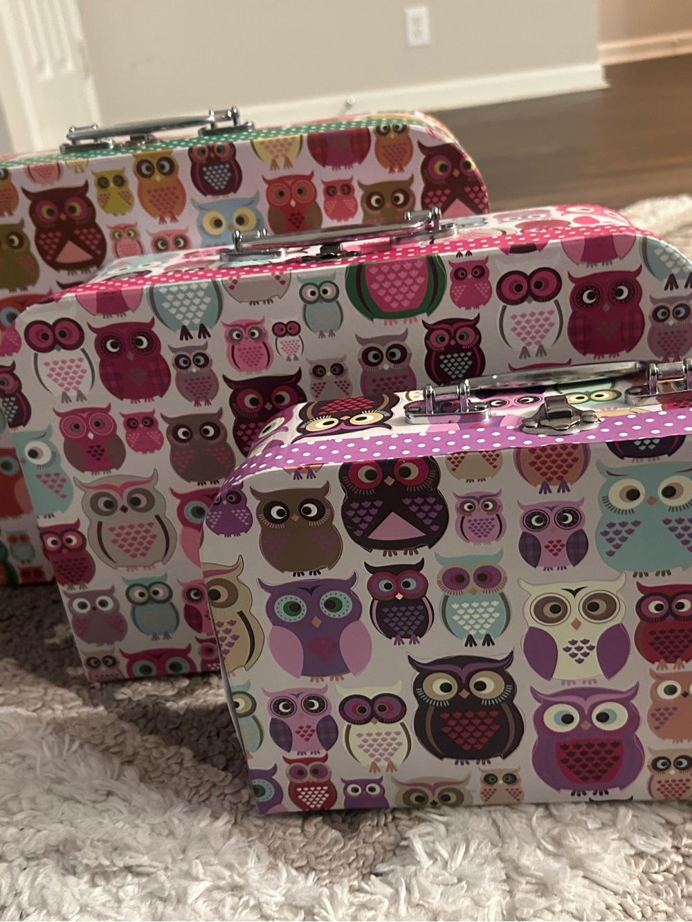Owl Print Cardboard set of 3 Nesting Carry Case - Pink Multicolor